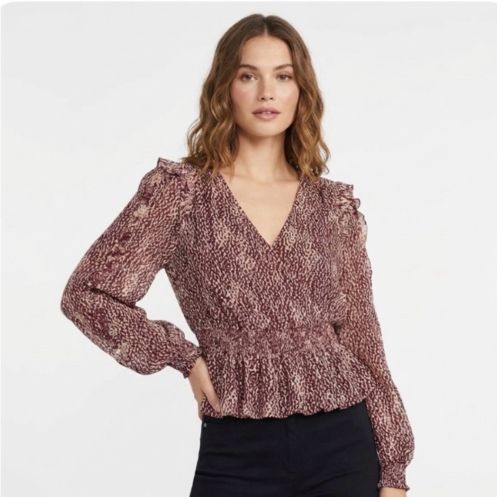 EXPRESS Women's Size L Smocked Blouse Burgundy Ruffle V-Neck